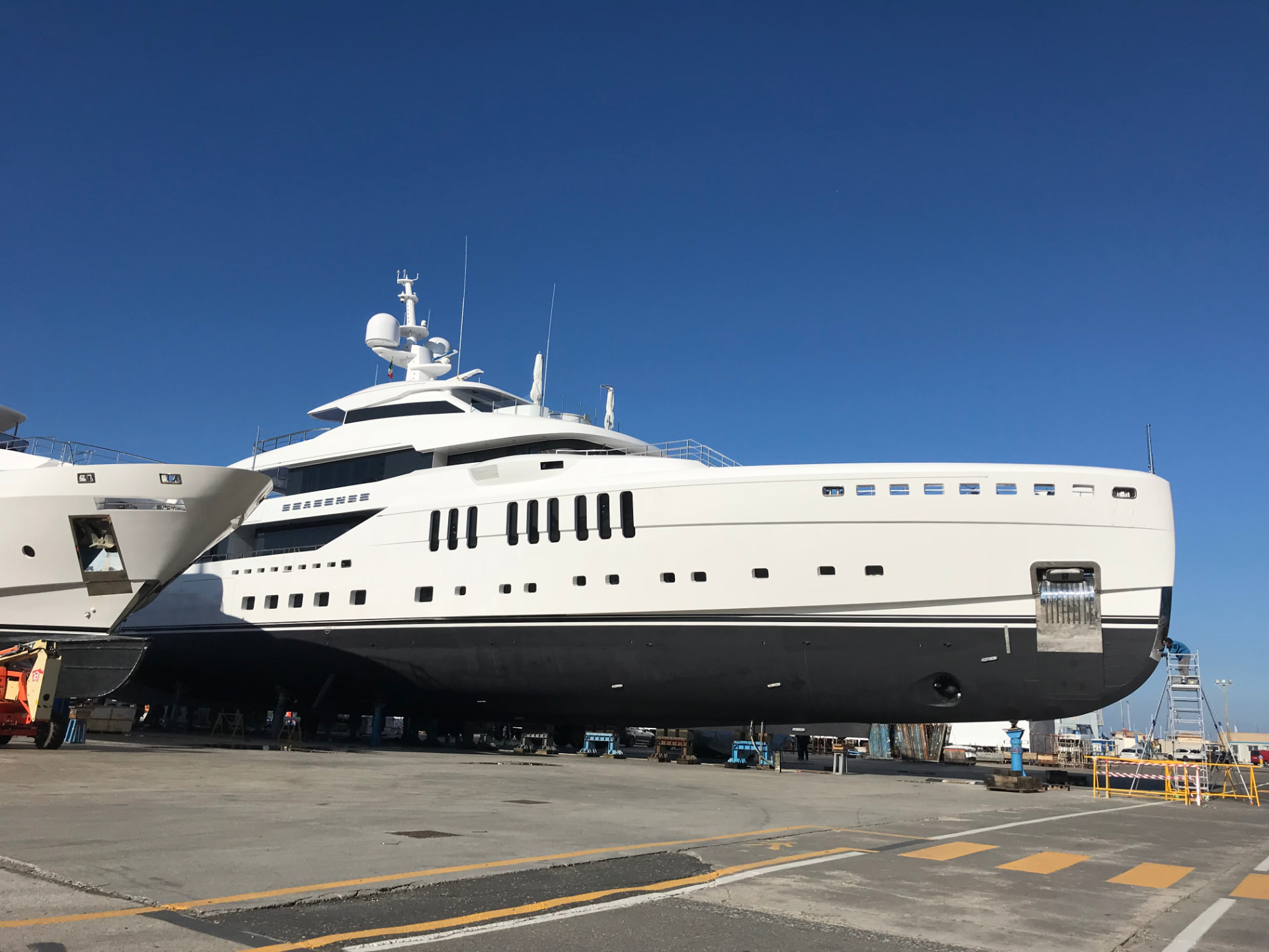 Superyacht hauled out at a shipyard on the Tuscan coast