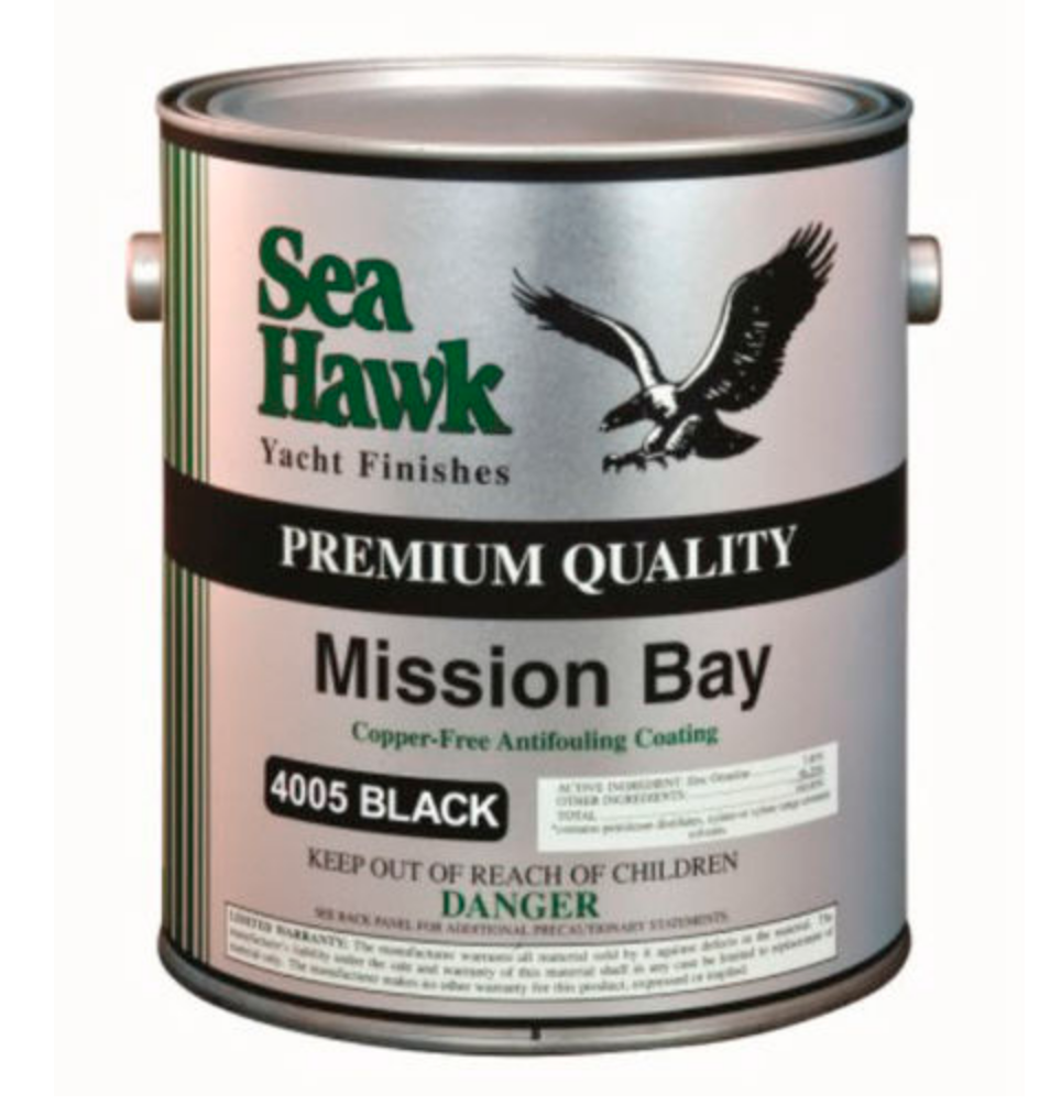 Tin of Sea Hawk Mission Bay copper-free antifouling coating.